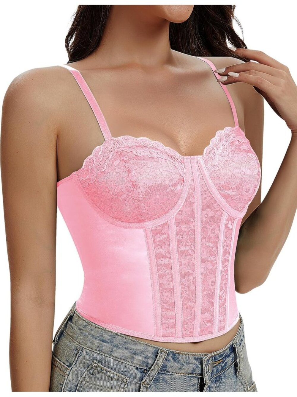 Women's Pink Straps 3-rows Back Hooks Fitted Underwire Lace Bustier Corset Top